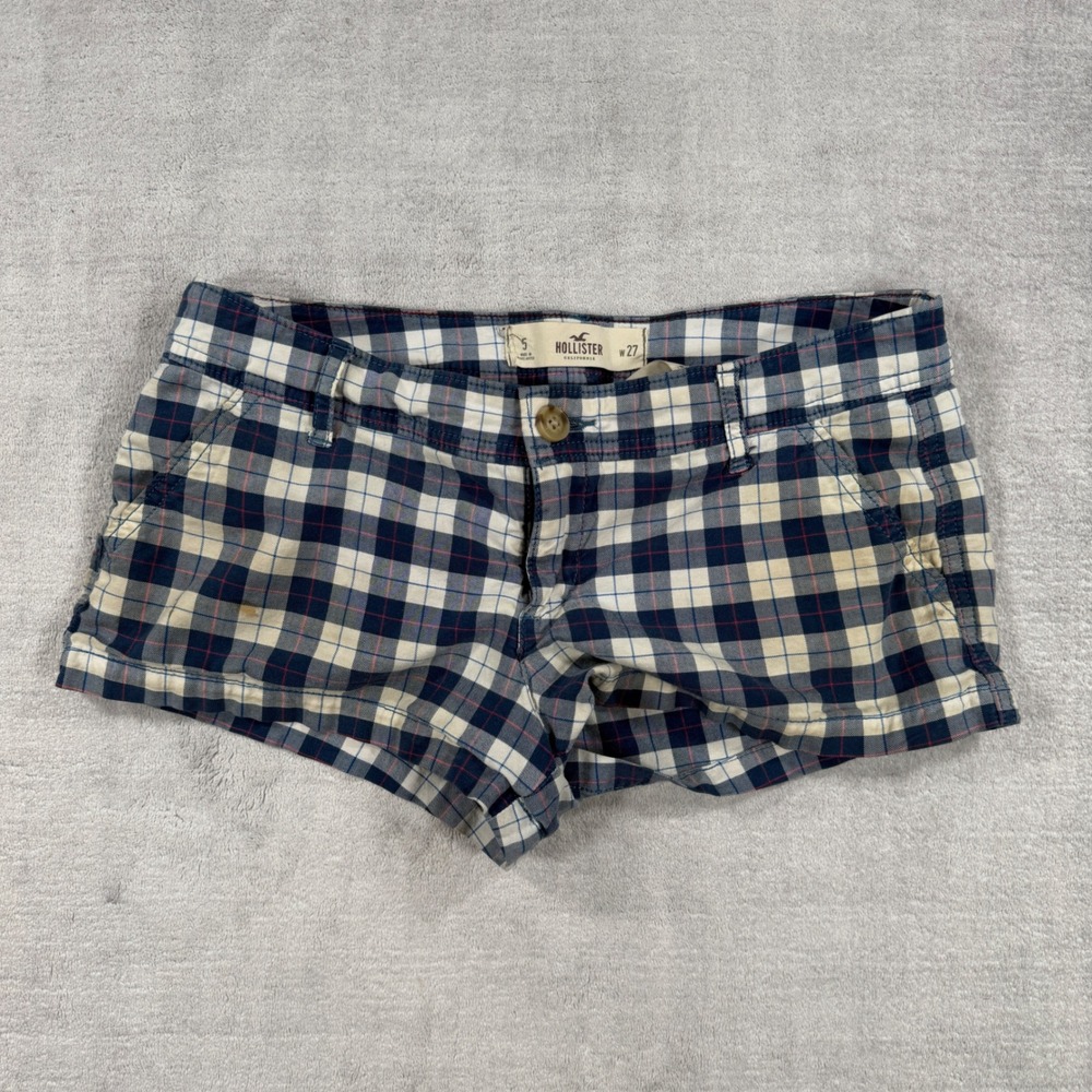 Hollister Shorts Womens 5 Navy Blue Plaid Mini Low Rise Preppy Coastal Y2K